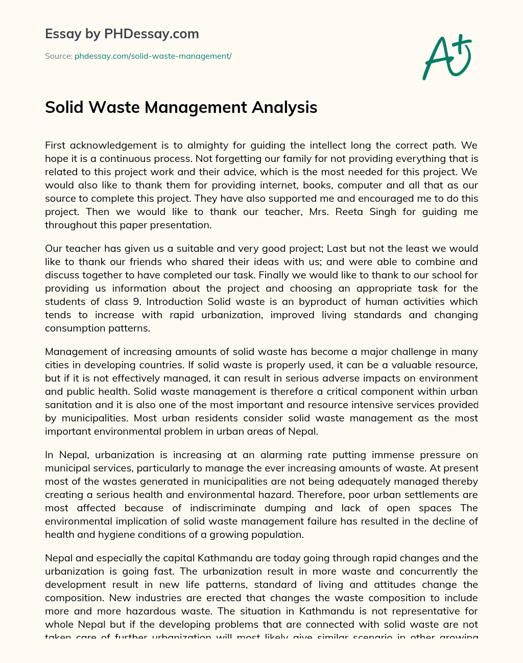 Solid Waste Management Analysis essay