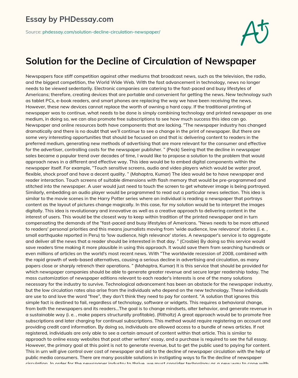 Solution for the Decline of Circulation of Newspaper essay