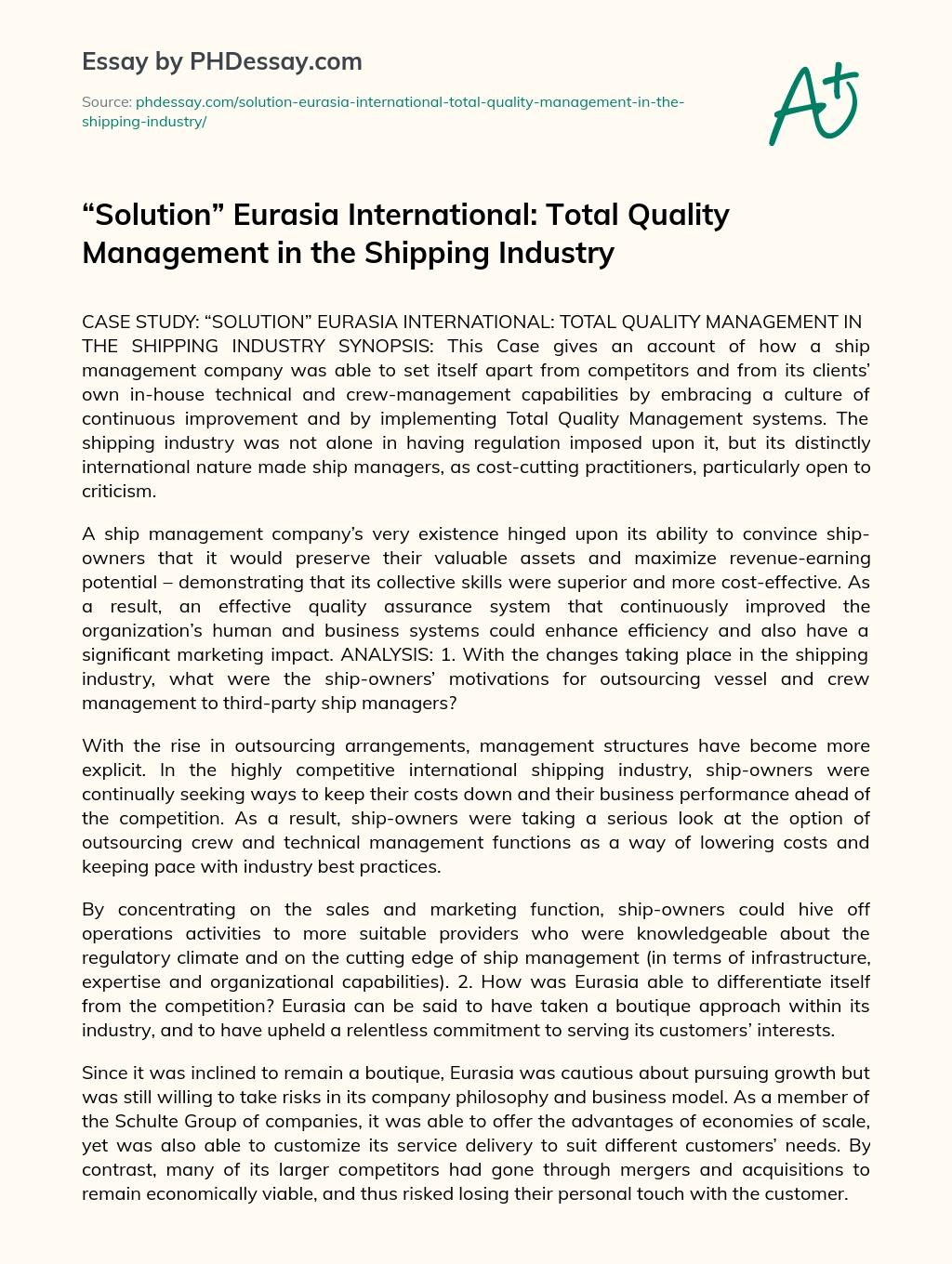 Solution Eurasia International: Total Quality Management in the Shipping Industry essay