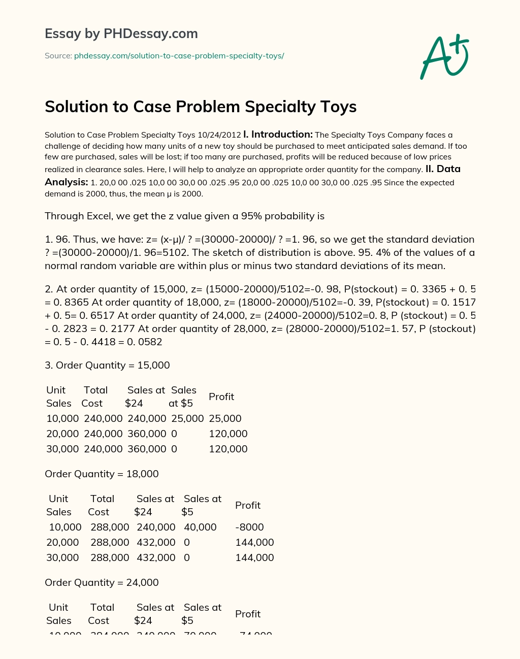 Solution to Case Problem Specialty Toys essay
