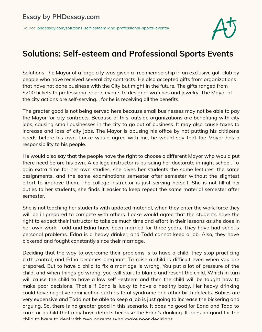 Solutions: Self-esteem and Professional Sports Events essay