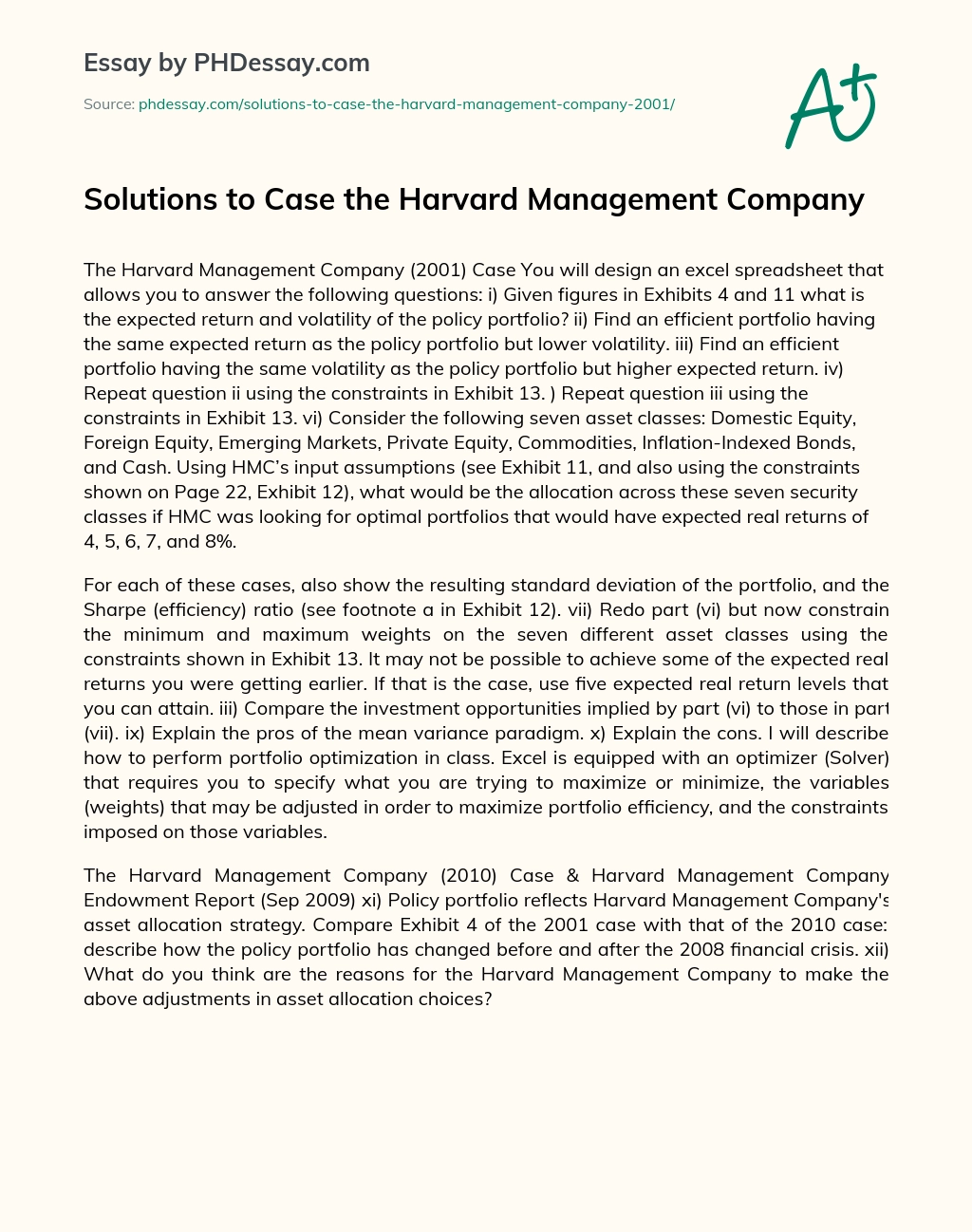 Solutions to Case the Harvard Management Company essay