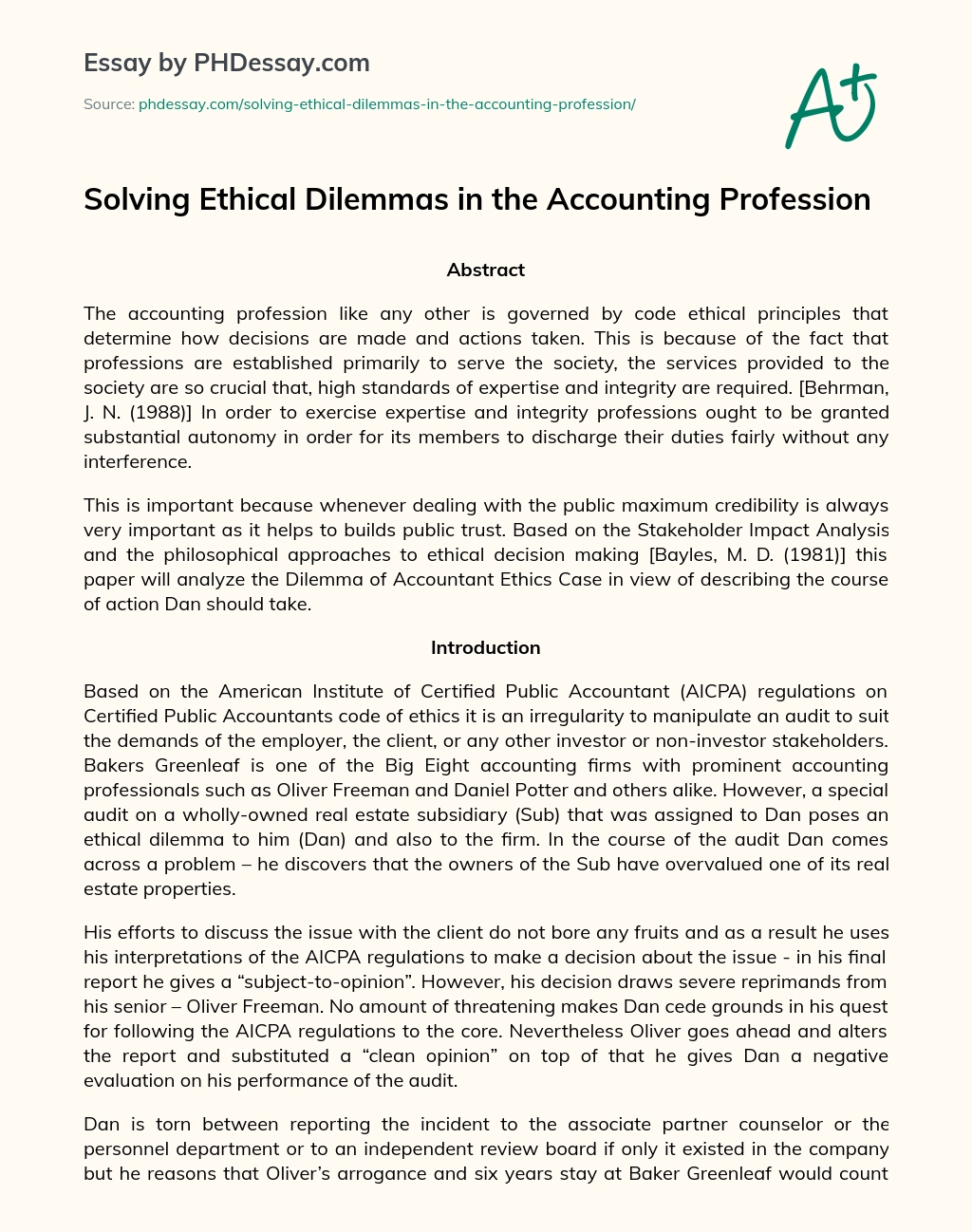 Solving Ethical Dilemmas in the Accounting Profession essay