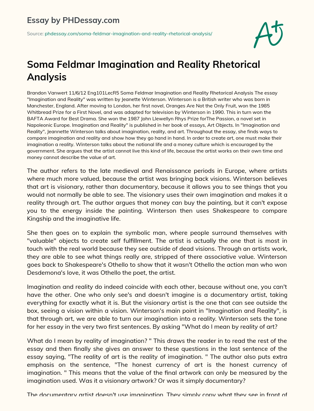 Soma Feldmar Imagination and Reality Rhetorical Analysis essay