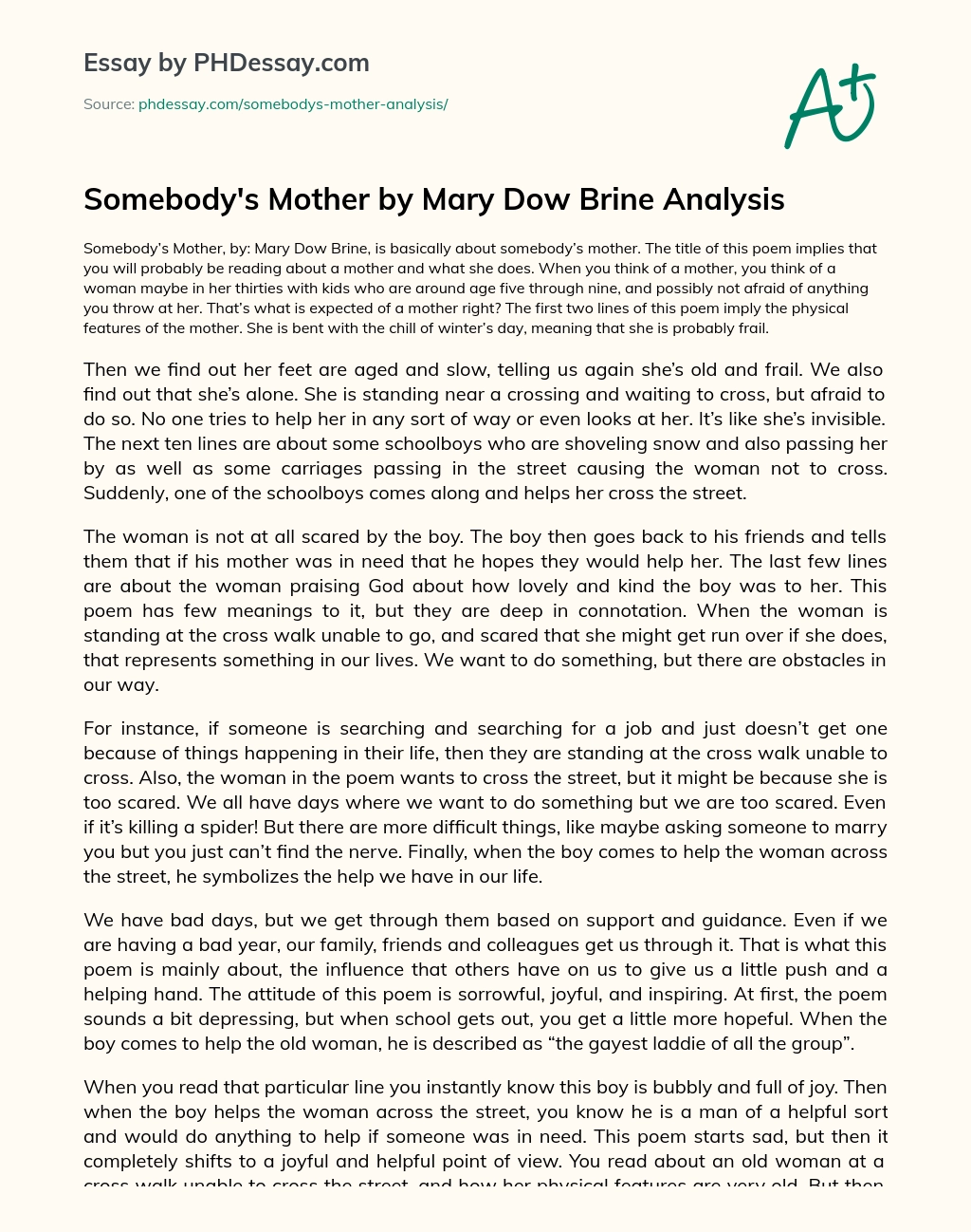 Somebody’s Mother by Mary Dow Brine Analysis essay