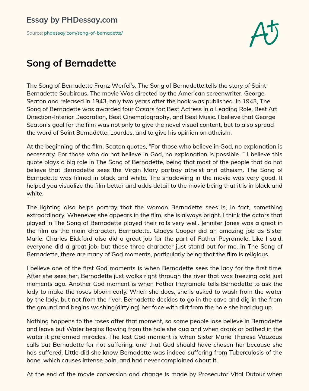 Song of Bernadette essay