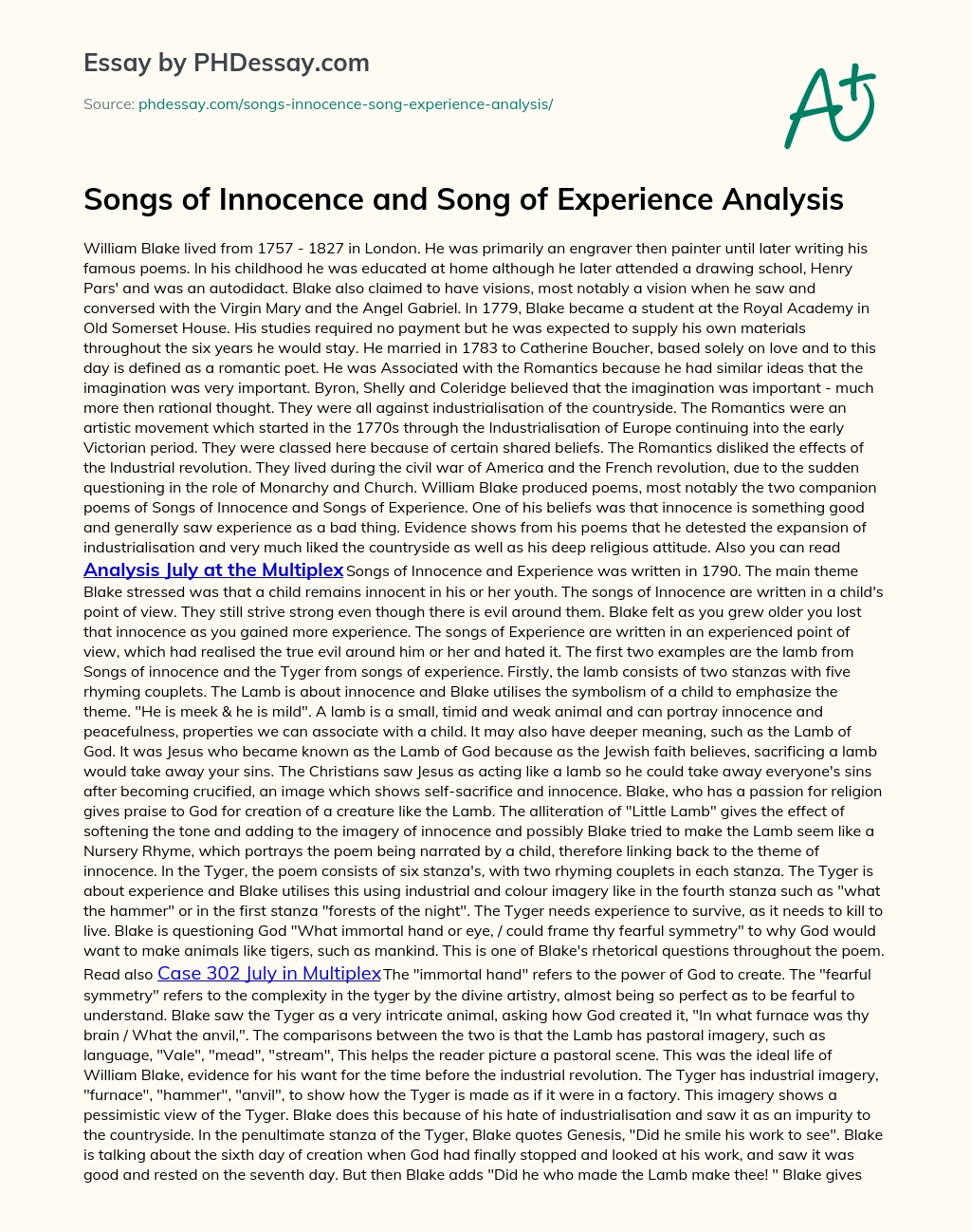 Songs of Innocence and Song of Experience Analysis essay