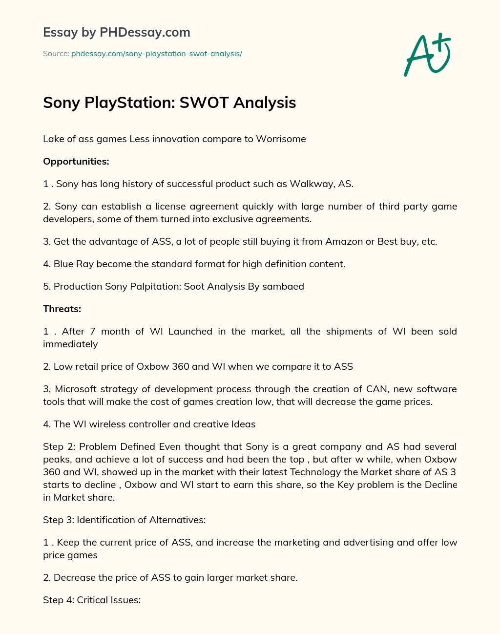 Sony PlayStation: SWOT Analysis essay
