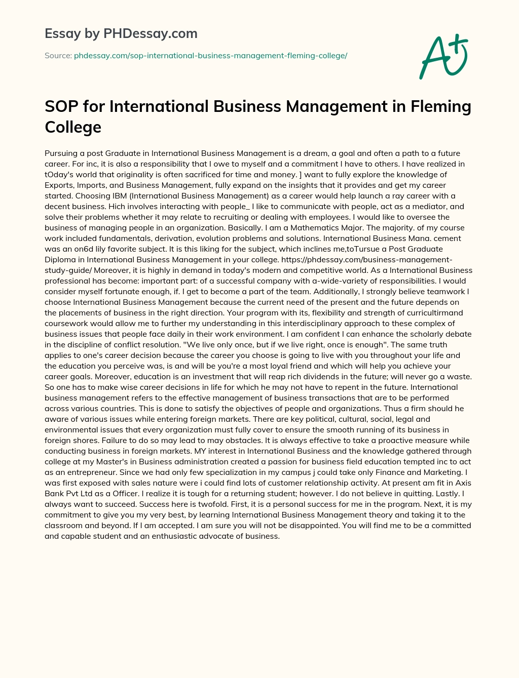 SOP for International Business Management in Fleming College essay