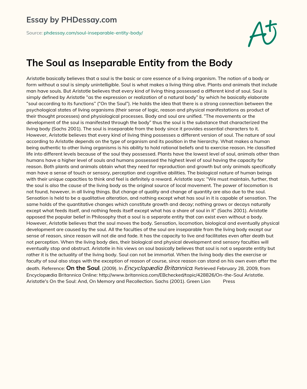 The Soul as Inseparable Entity from the Body essay