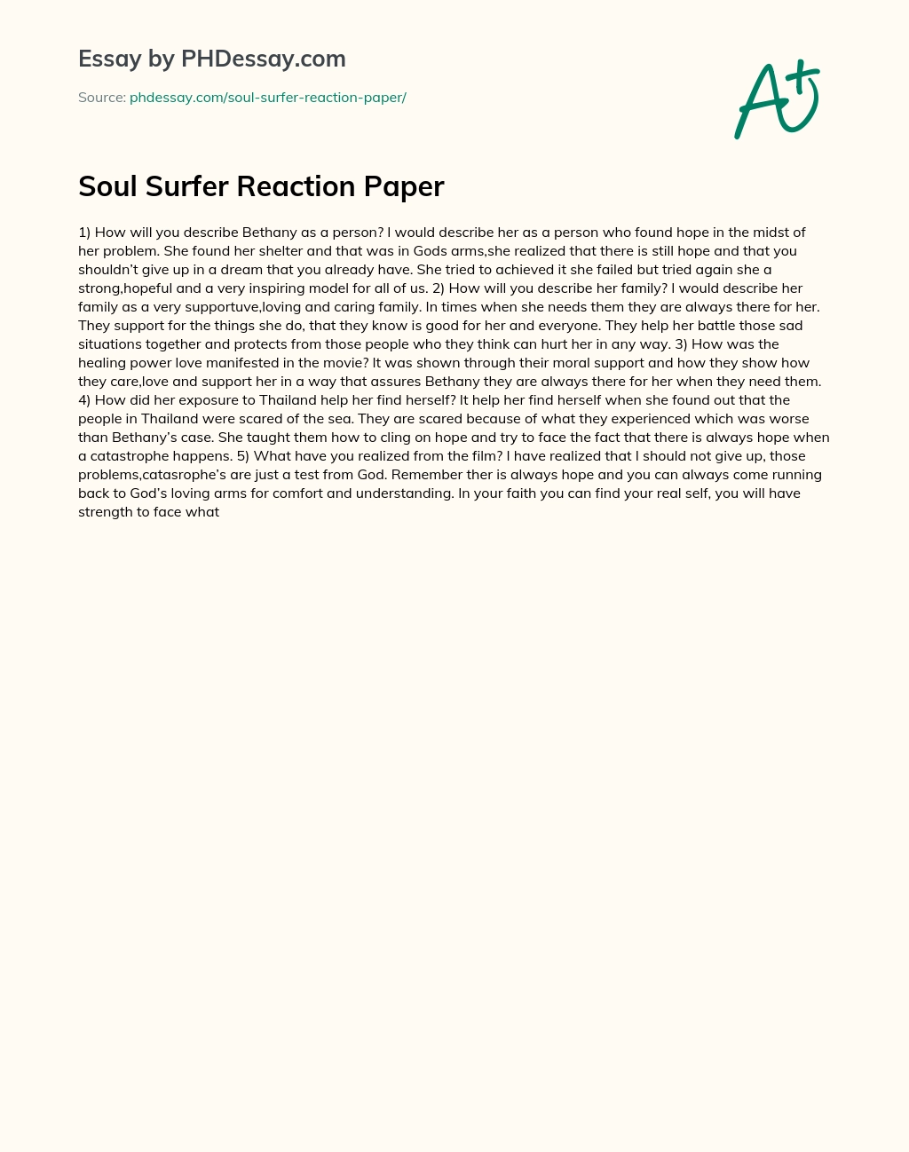 Soul Surfer Reaction Paper essay