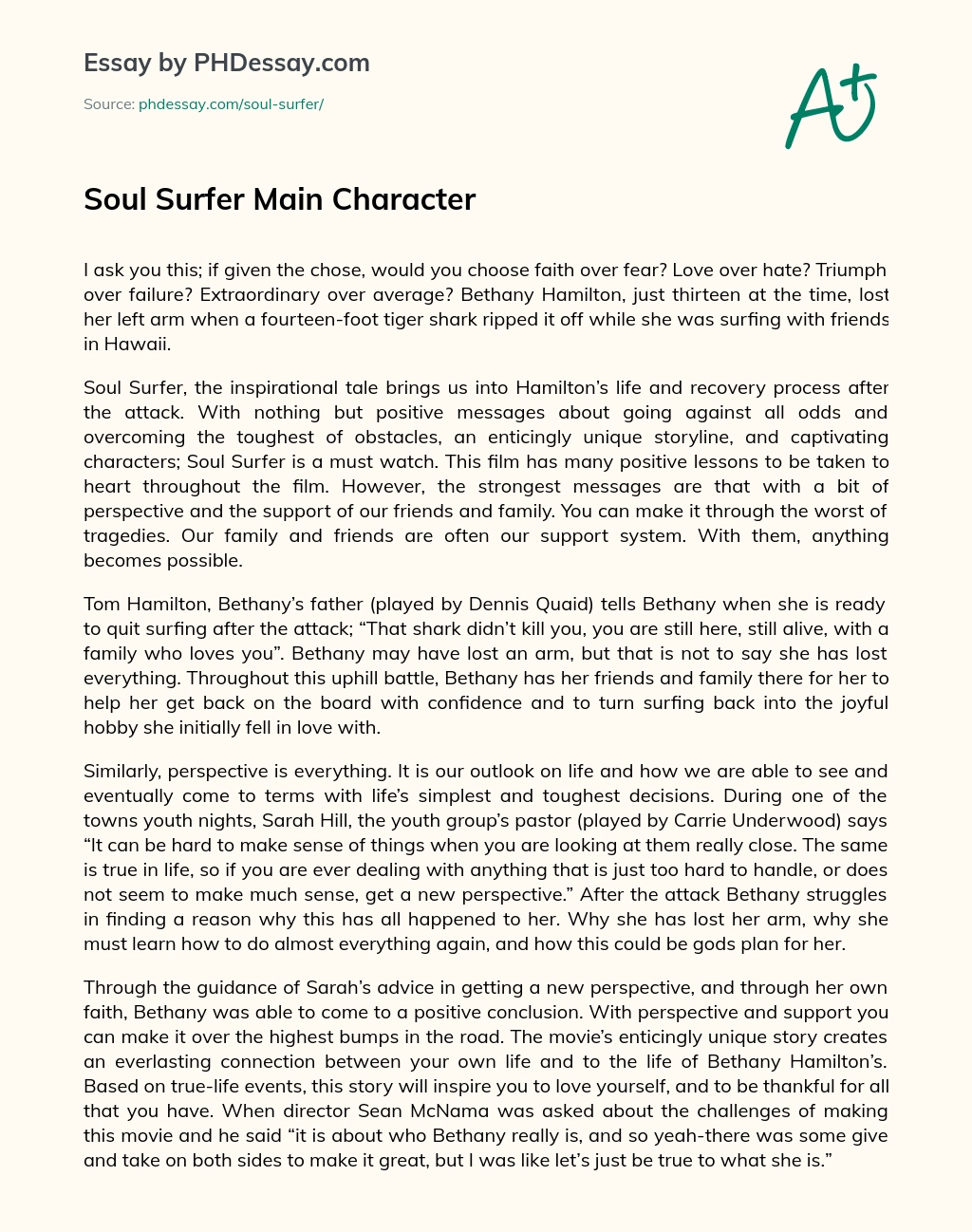 Soul Surfer Main Character essay