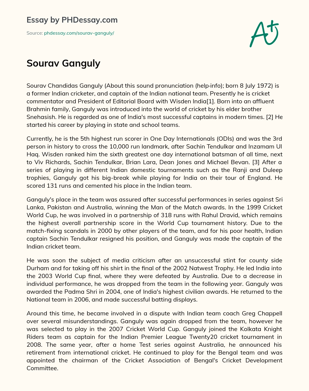 Sourav Ganguly essay