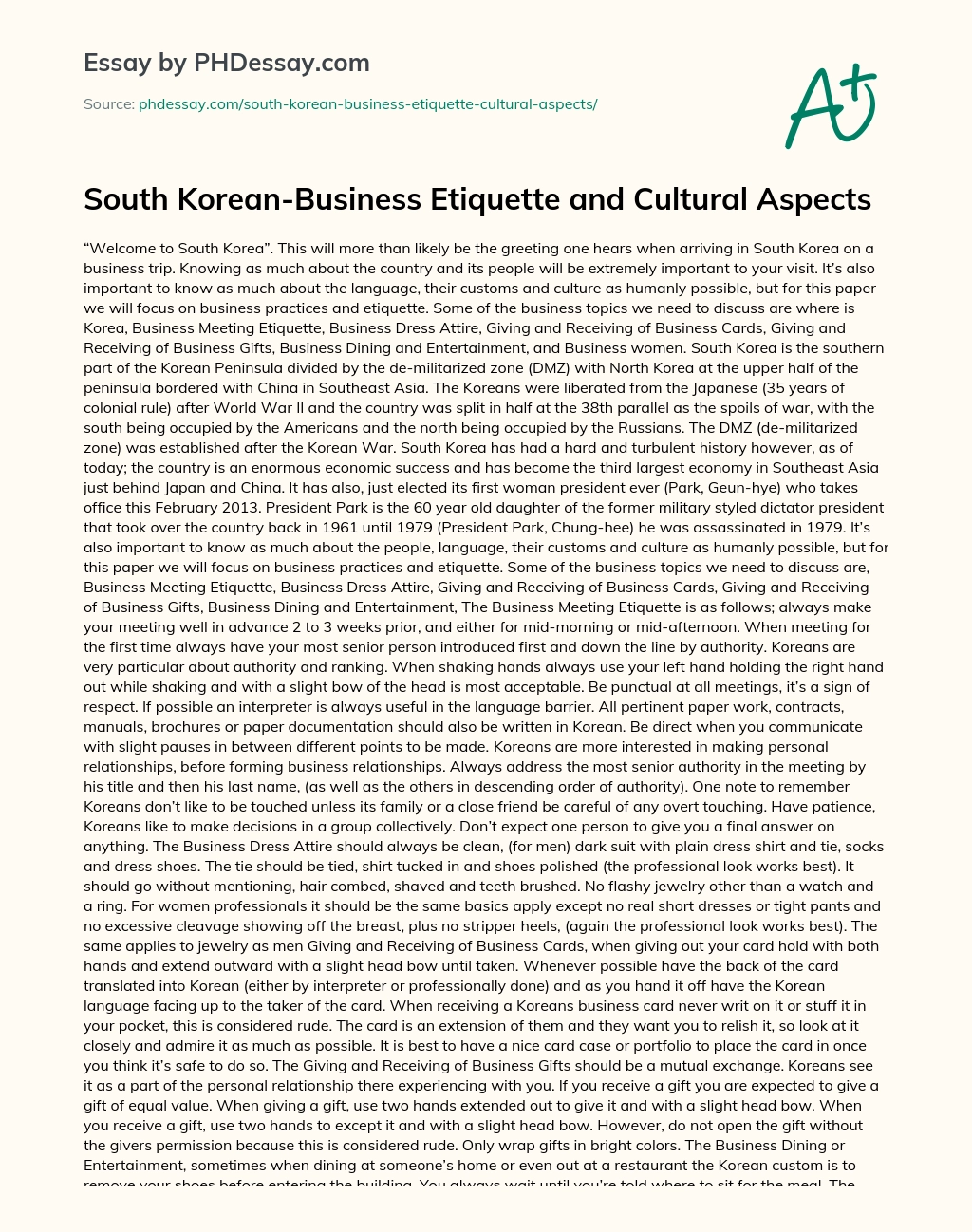 South Korean-Business Etiquette and Cultural Aspects essay