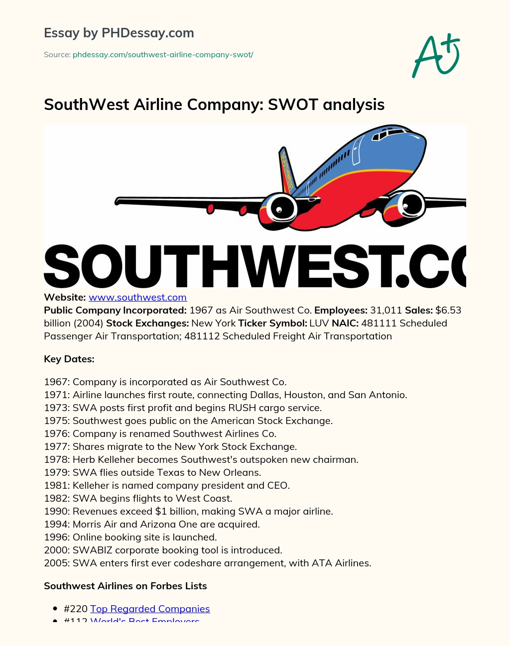 SouthWest Airline Company: SWOT Analysis essay