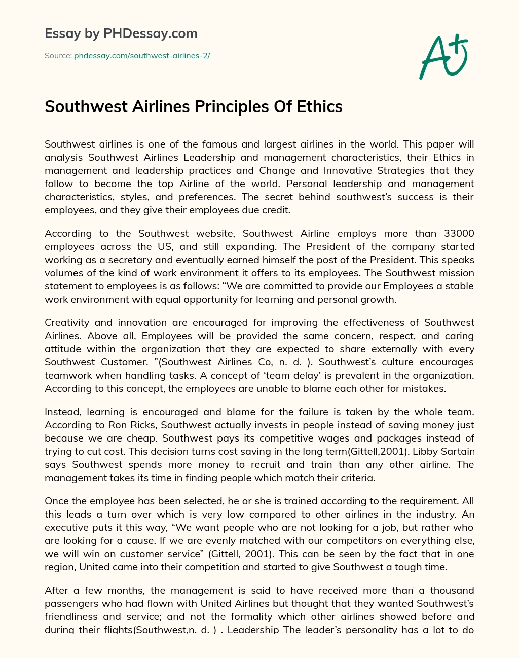 Southwest Airlines Principles Of Ethics essay