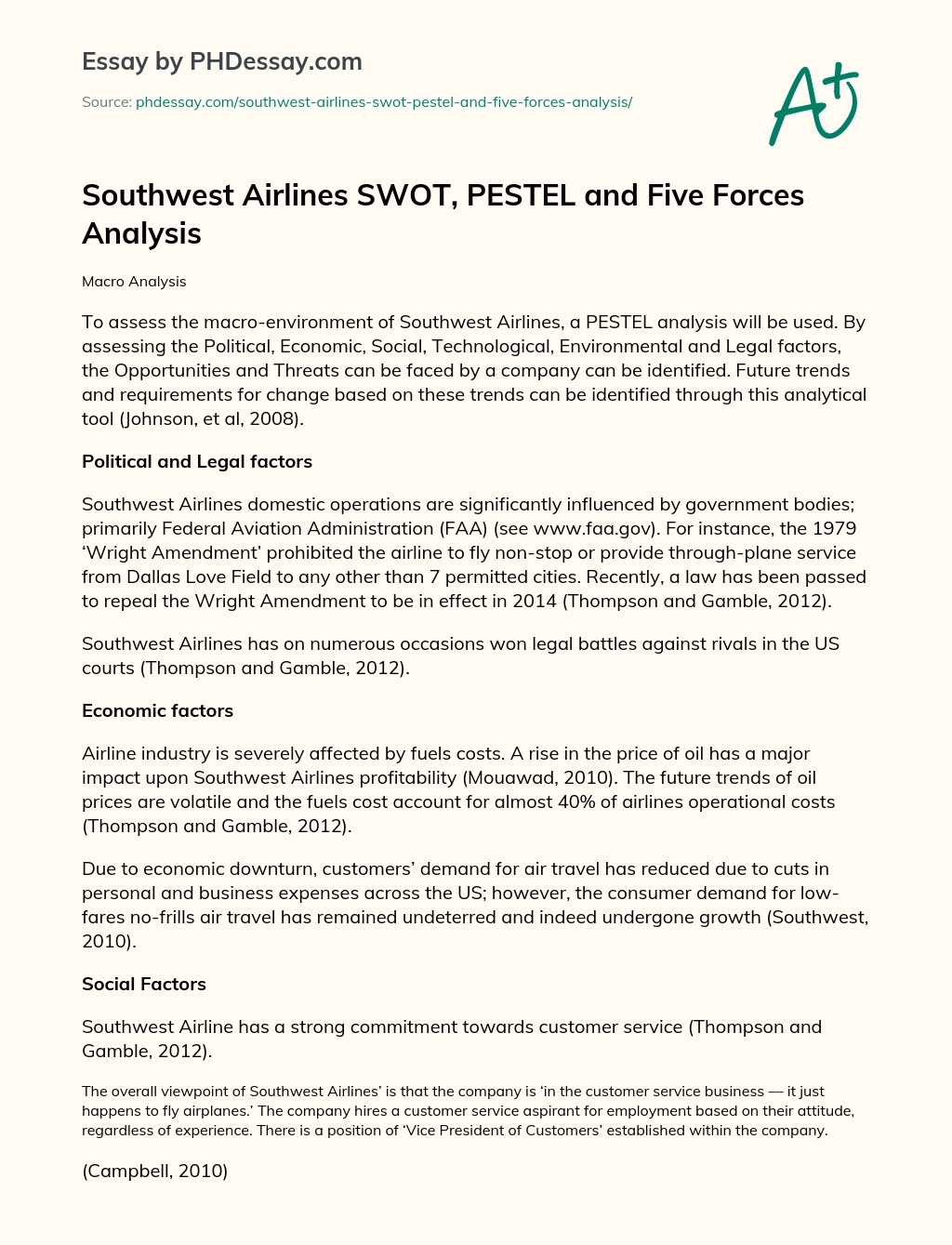 Southwest Airlines SWOT, PESTEL and Five Forces Analysis essay