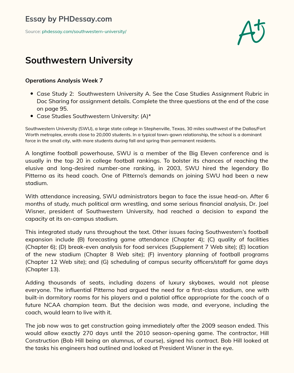 Southwestern University essay
