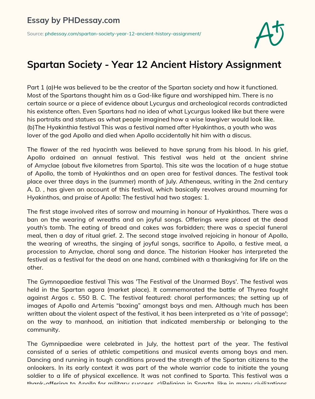 Spartan Society – Year 12 Ancient History Assignment essay