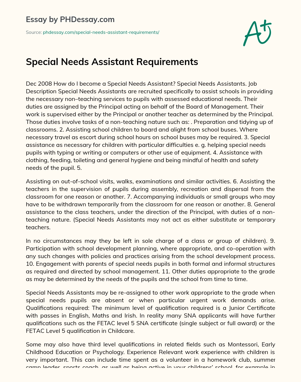 Special Needs Assistant Requirements essay
