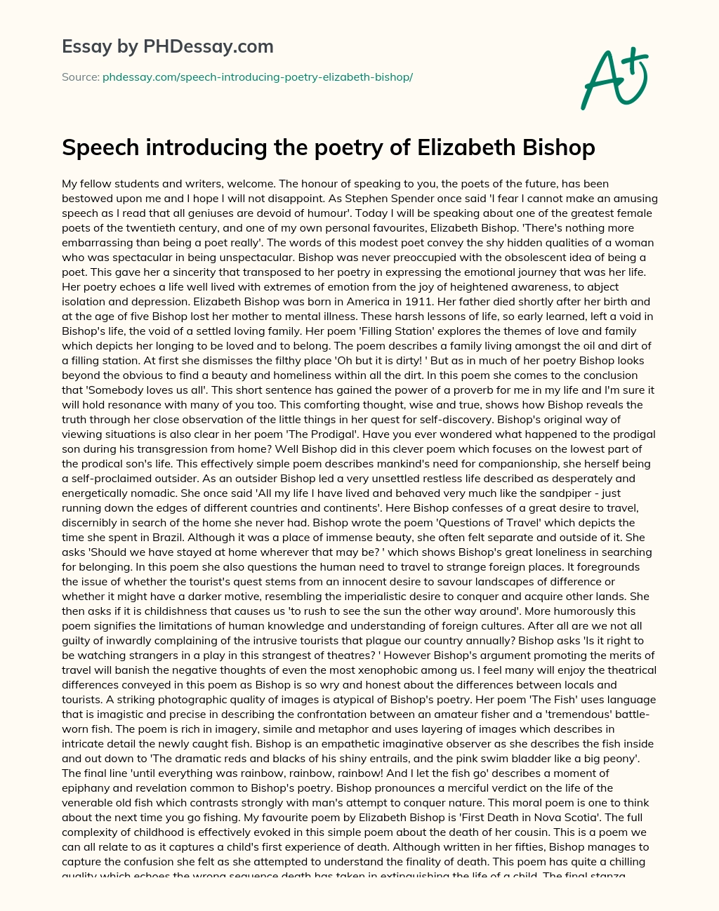 Speech introducing the poetry of Elizabeth Bishop essay