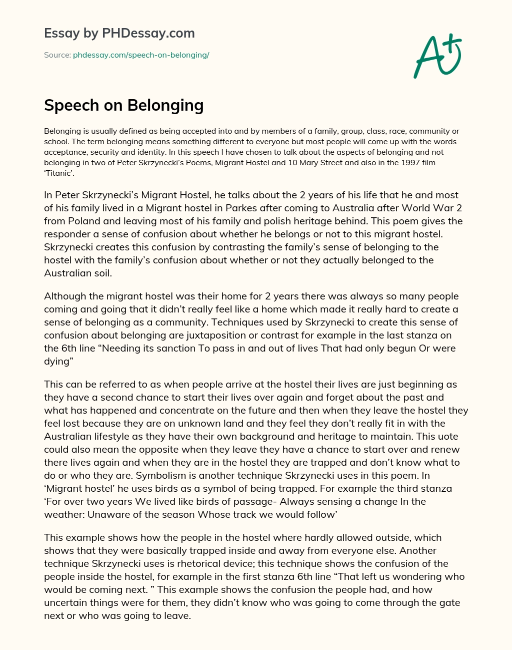 Speech on Belonging essay