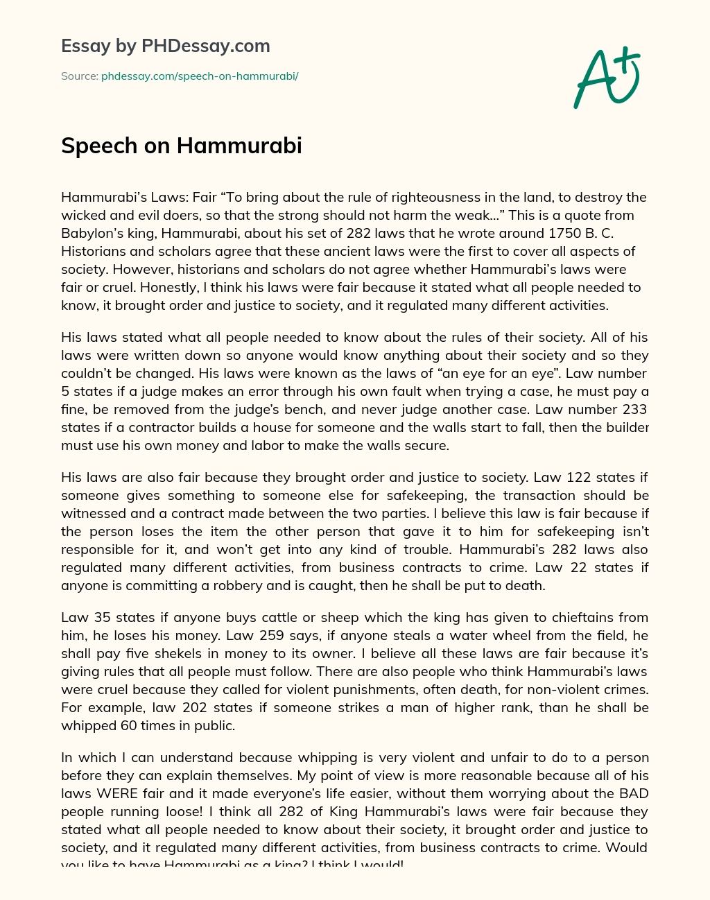 Speech on Hammurabi essay