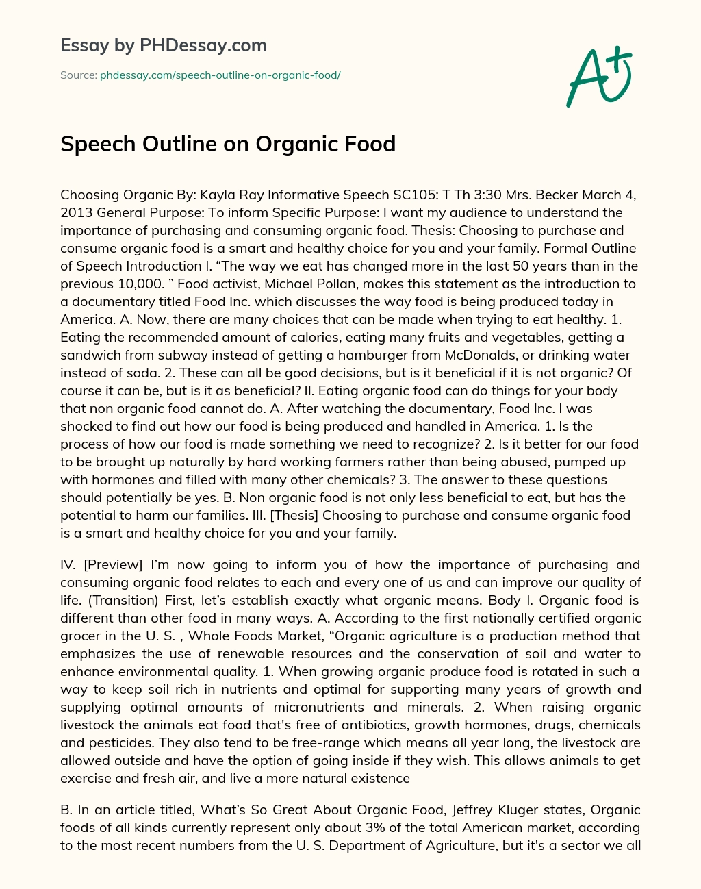 Speech Outline on Organic Food essay