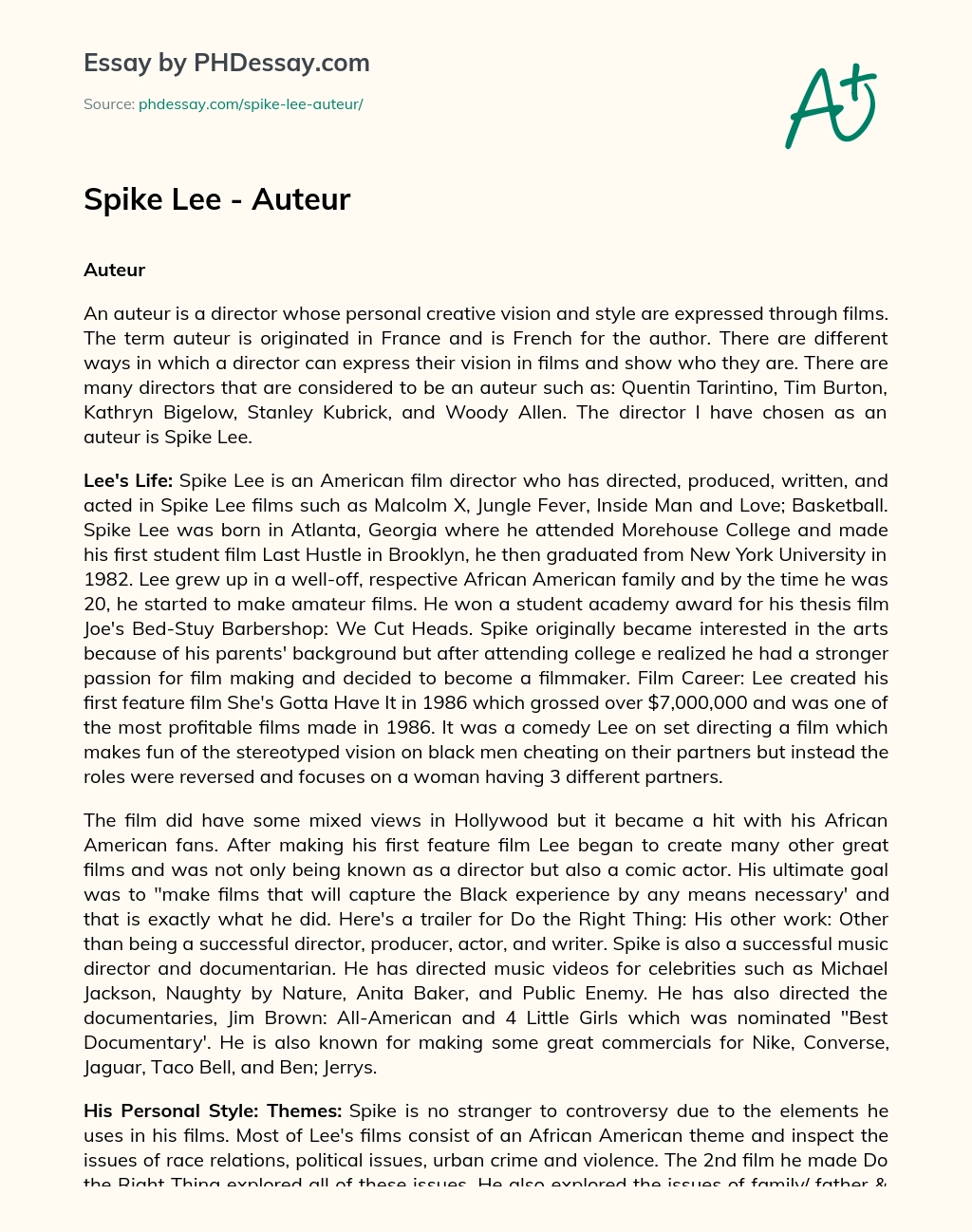 Spike Lee – Auteur essay