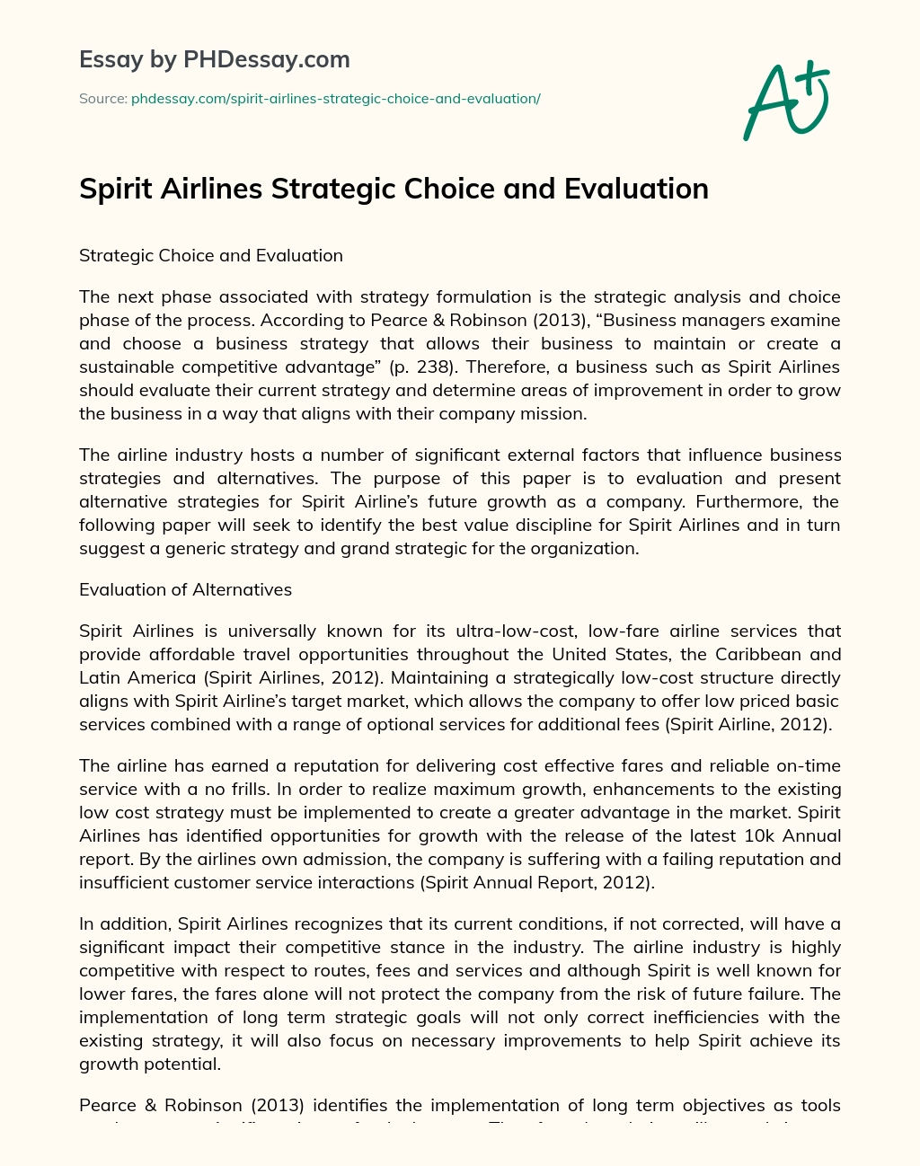 Spirit Airlines Strategic Choice and Evaluation essay