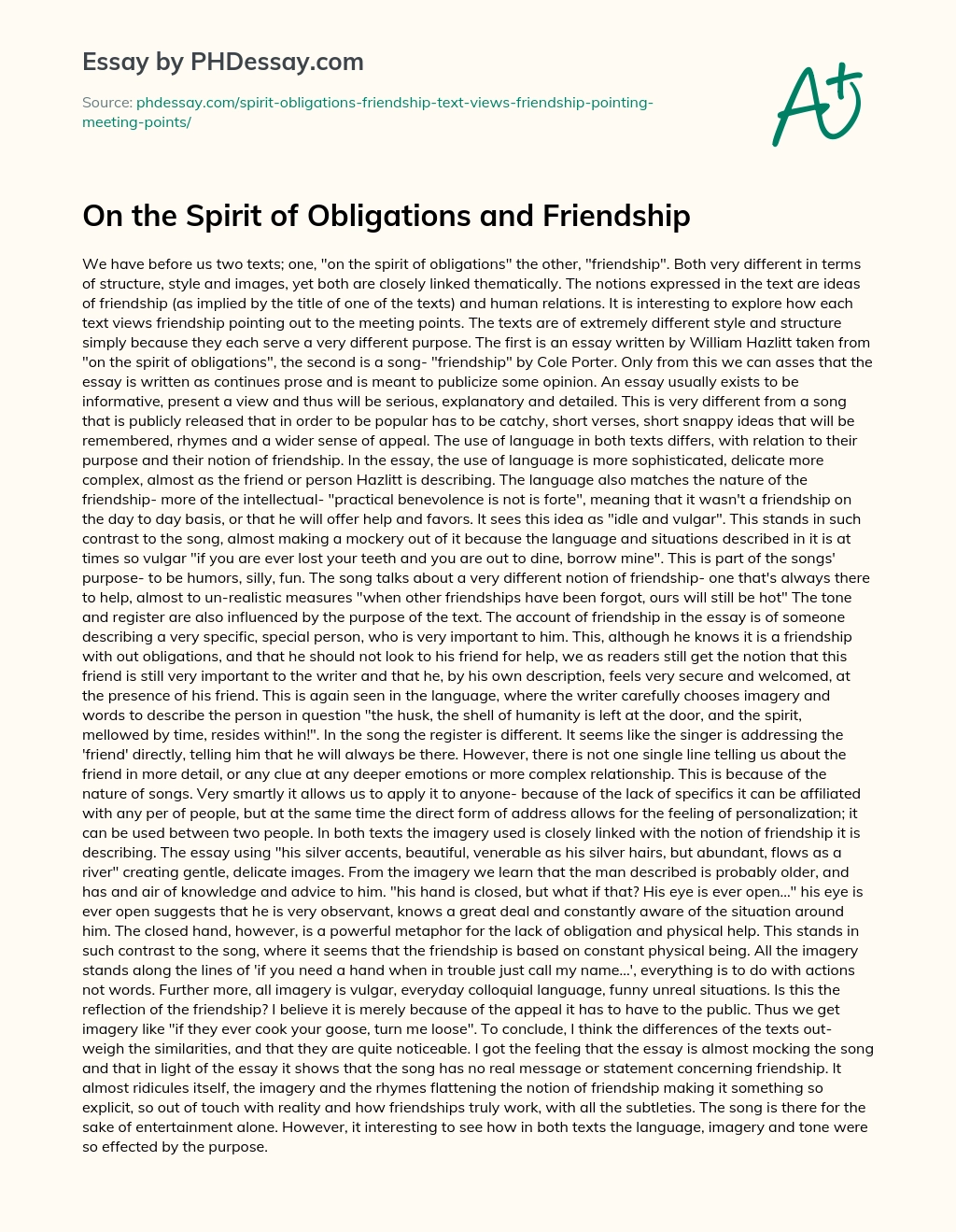 On the Spirit of Obligations and Friendship essay