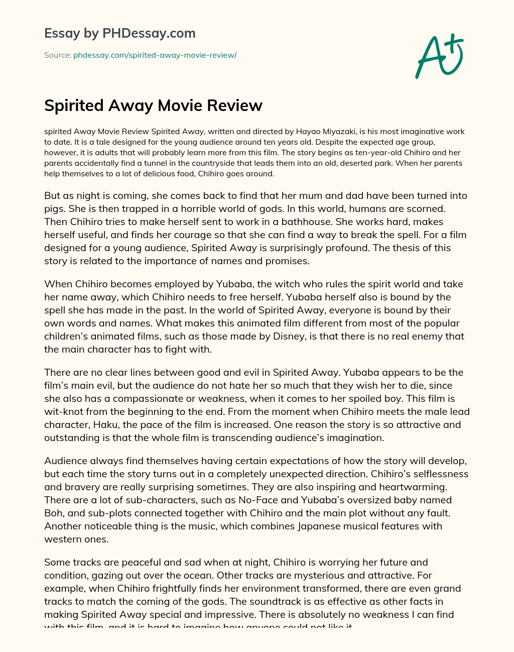 Spirited Away Movie Review - PHDessay.com