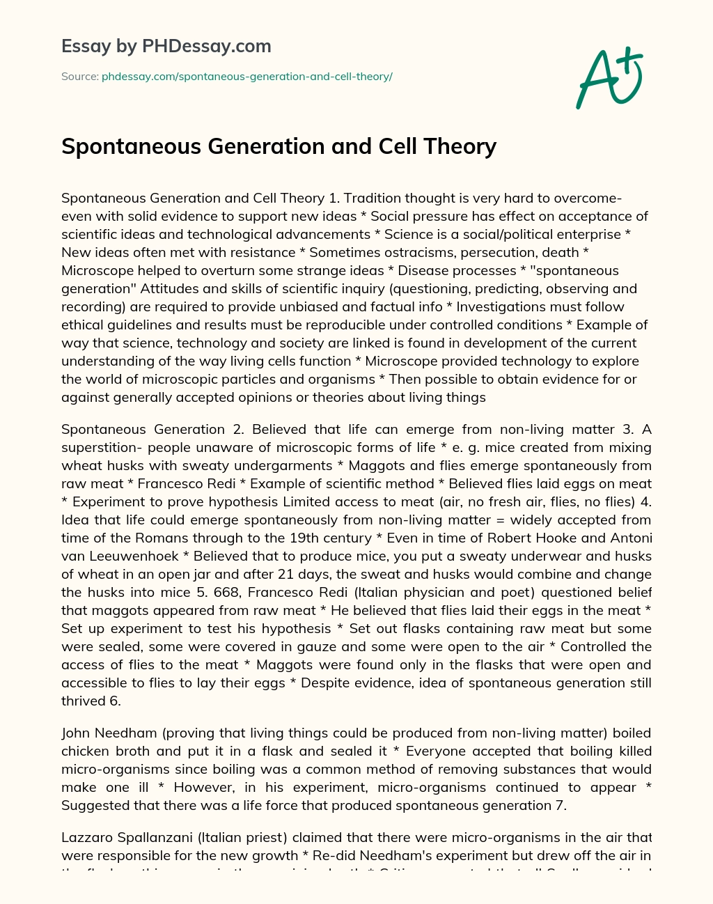 Spontaneous Generation and Cell Theory essay