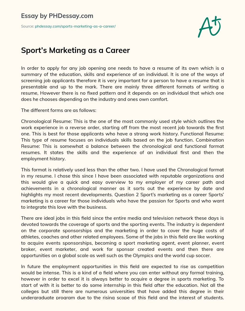 Sport’s Marketing as a Career essay