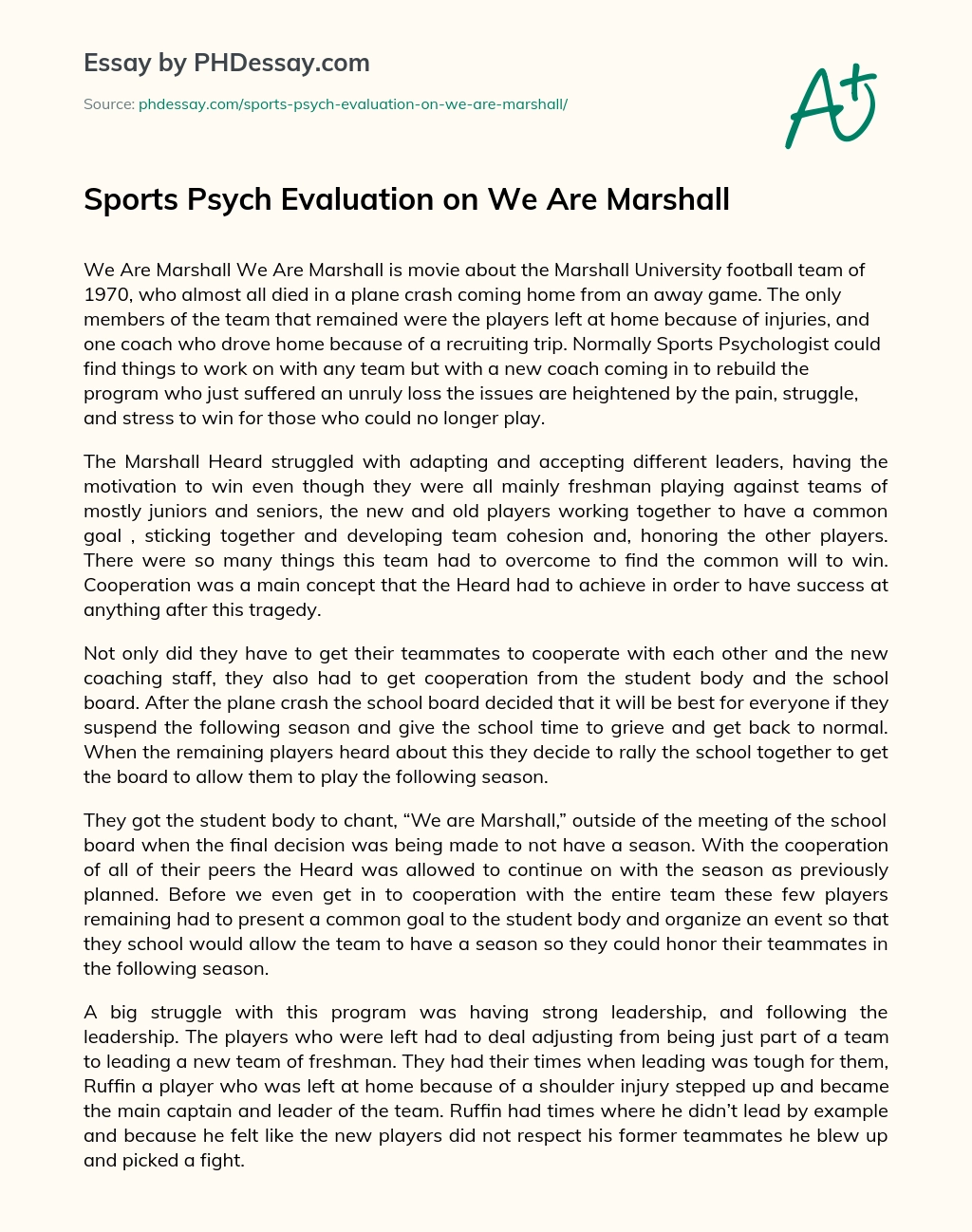 Sports Psych Evaluation on We Are Marshall essay