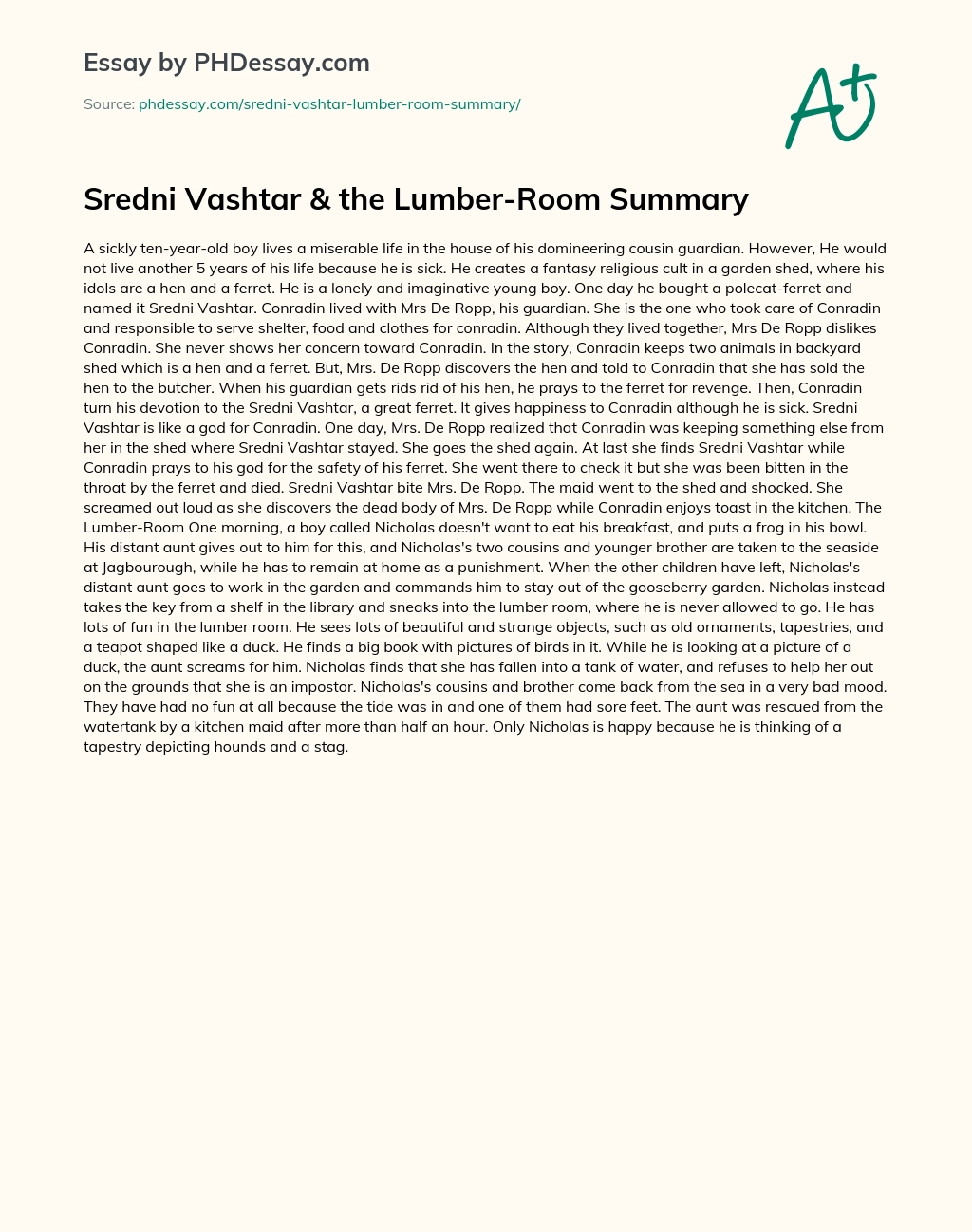 Sredni Vashtar & the Lumber-Room Summary essay