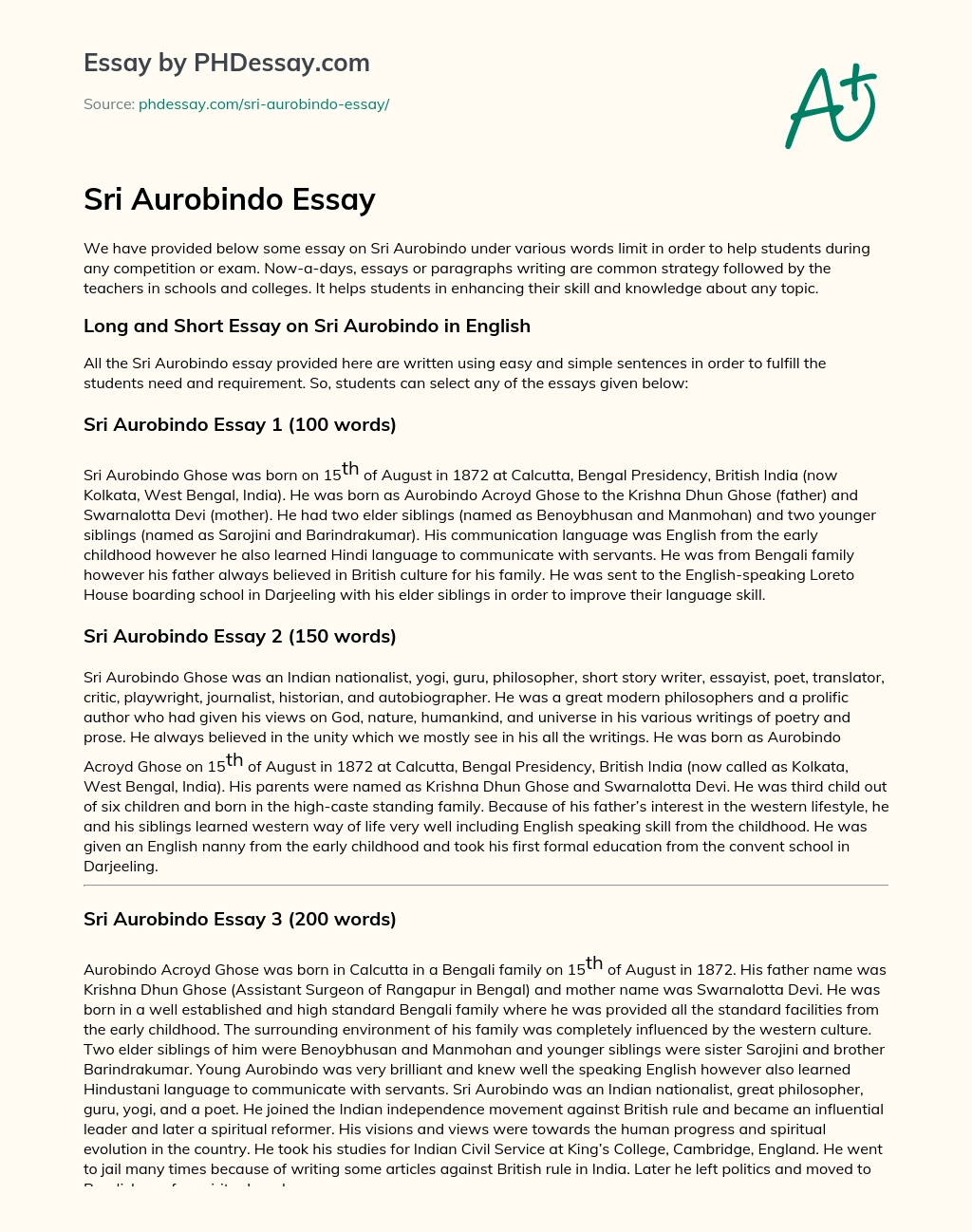 Sri Aurobindo Essay essay