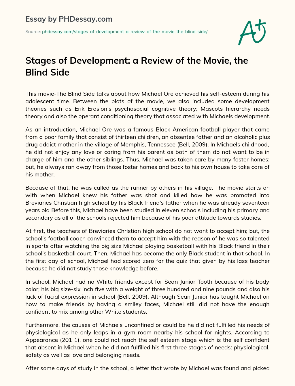 Stages of Development: a Review of the Movie, the Blind Side essay