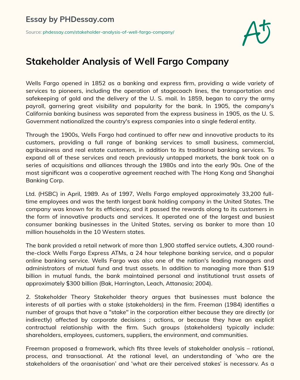 Stakeholder Analysis of Well Fargo Company essay