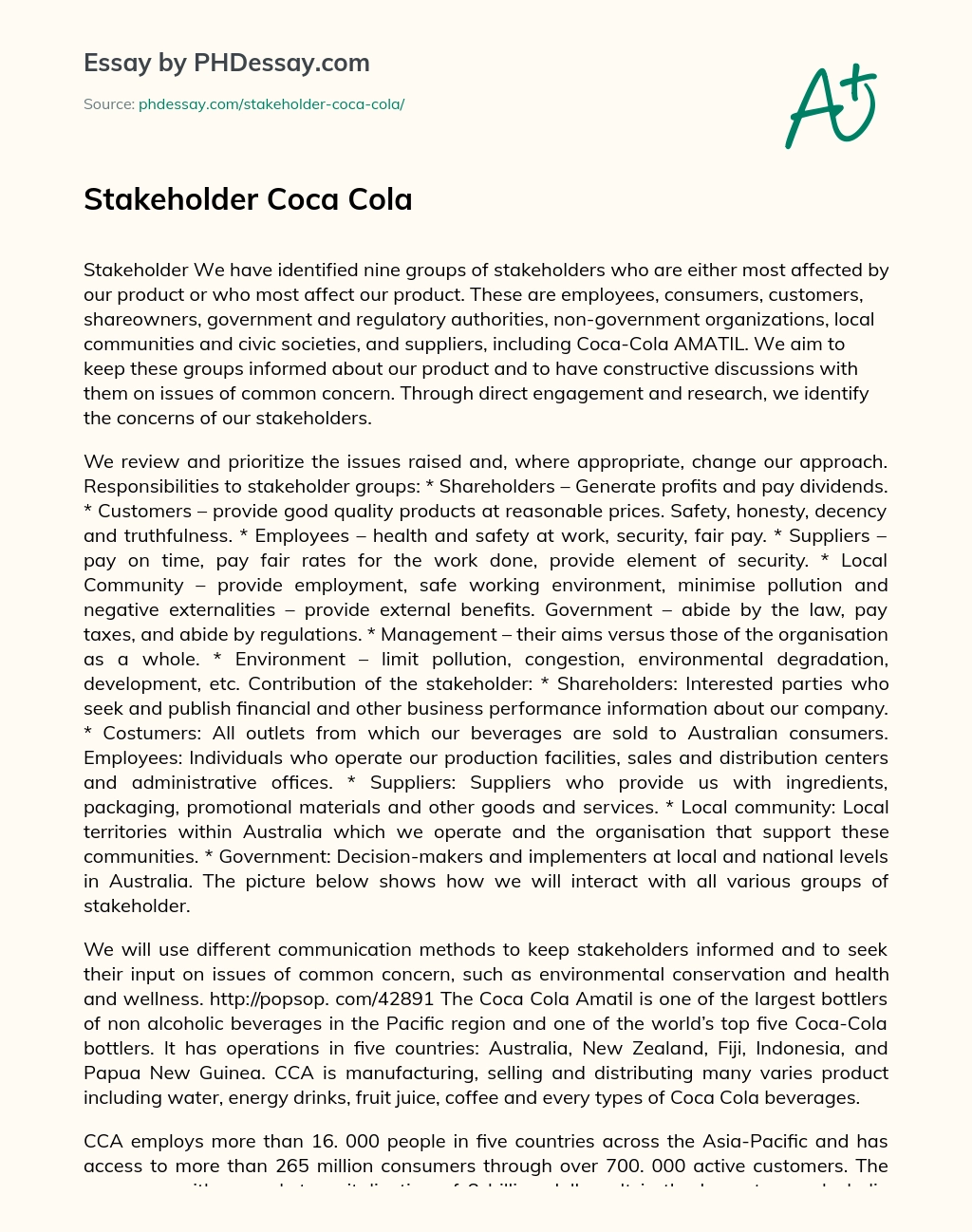 Stakeholder Coca Cola essay