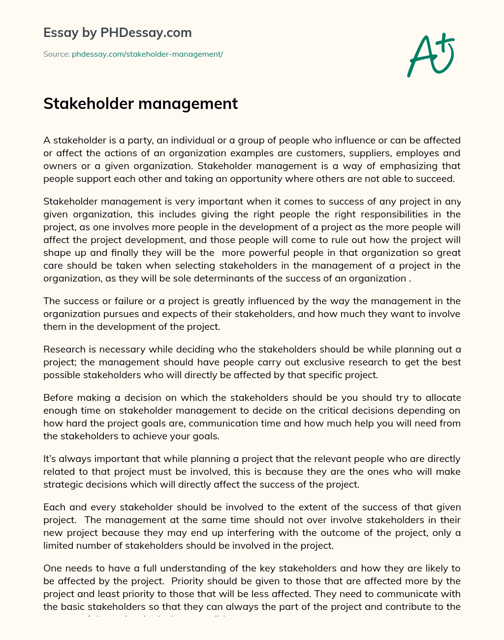 Stakeholder Management Analysis Essay Example (600 Words) - PHDessay.com