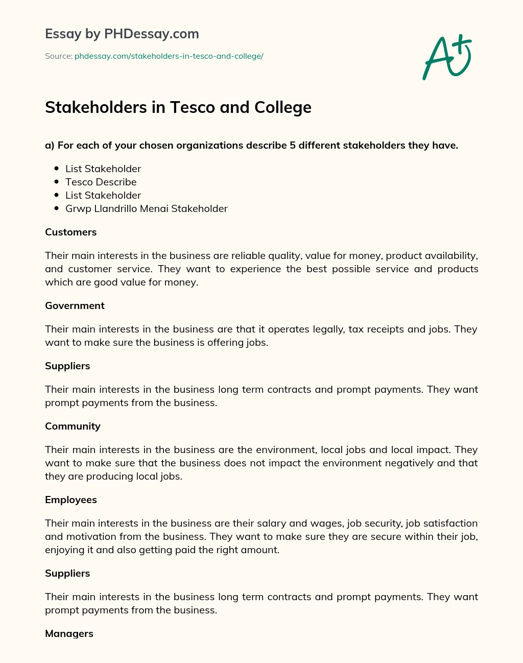 Stakeholders in Tesco and College essay