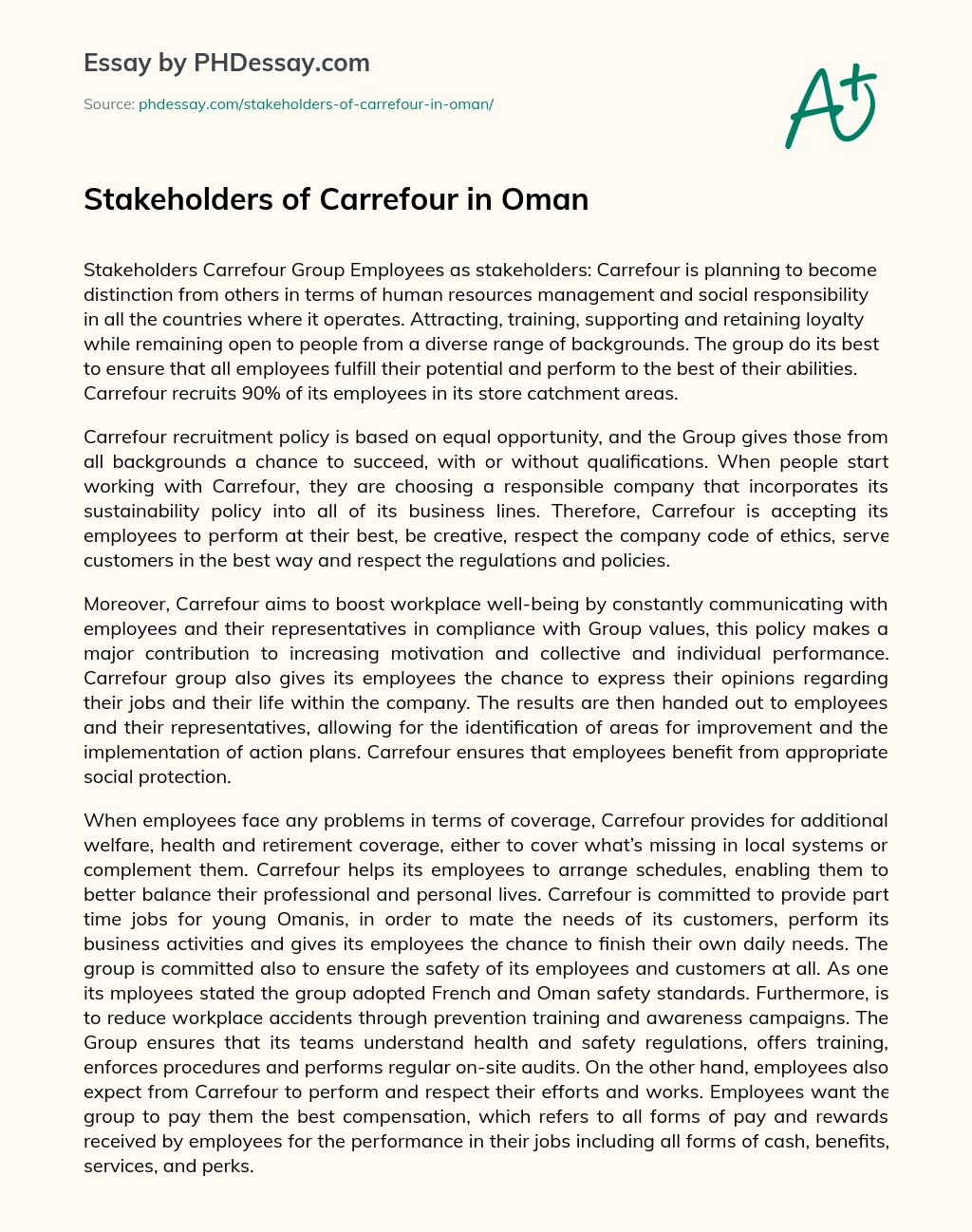 Stakeholders of Carrefour in Oman essay