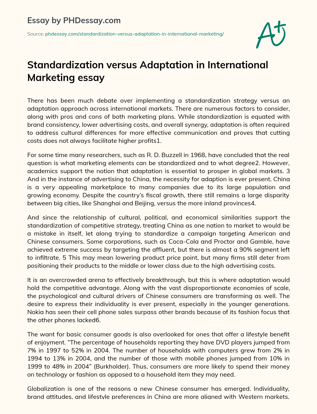 Standardization versus Adaptation in International Marketing essay essay