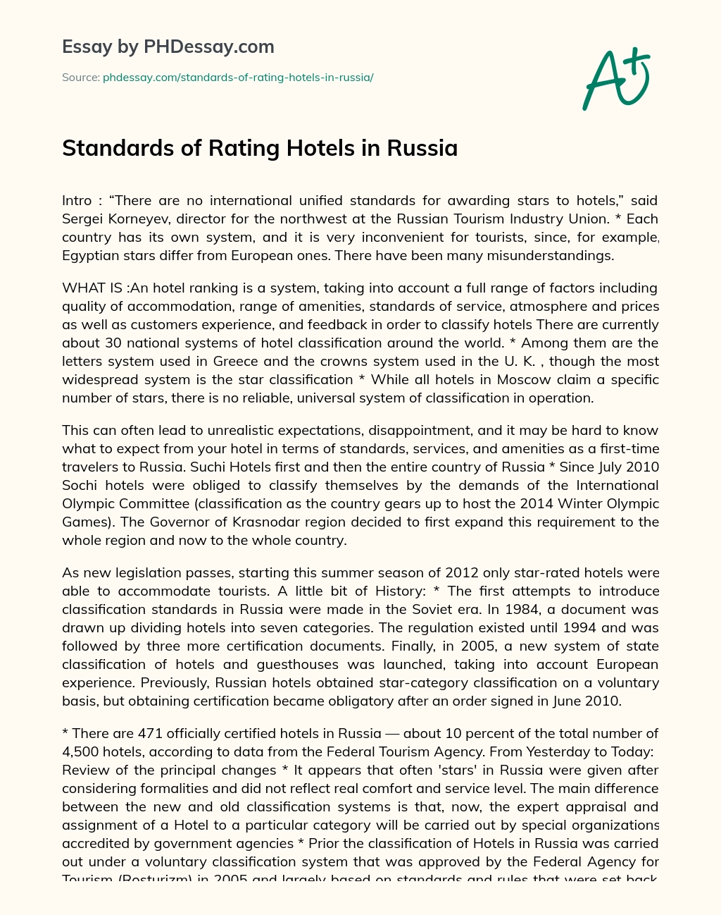 Standards of Rating Hotels in Russia essay