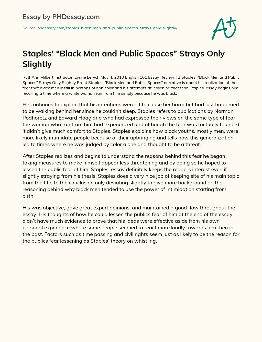 Staples’ “Black Men and Public Spaces” Strays Only Slightly essay