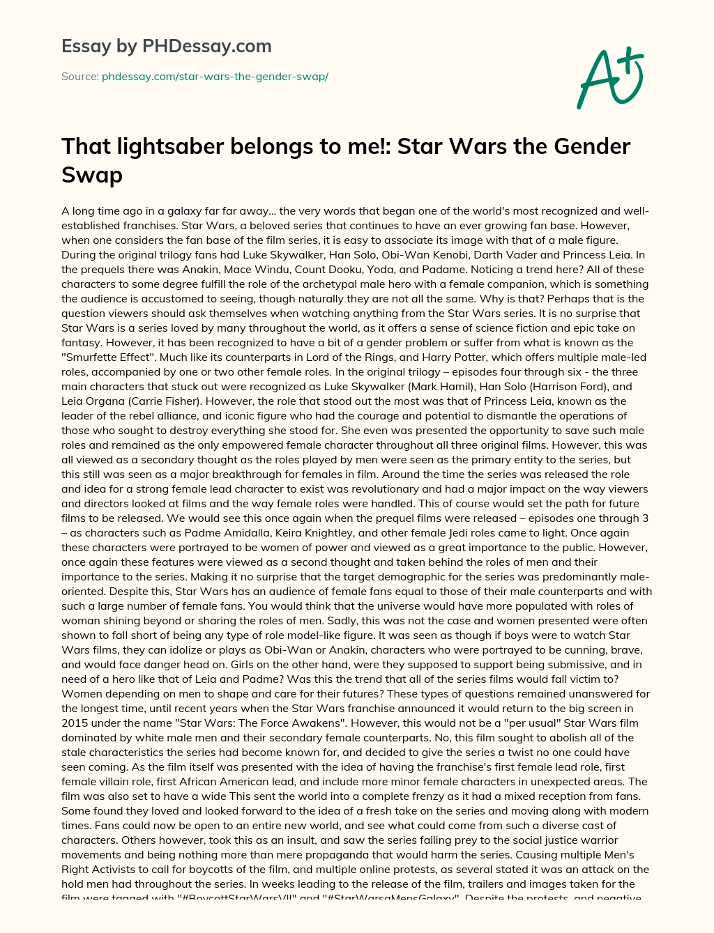 That lightsaber belongs to me!: Star Wars the Gender Swap essay