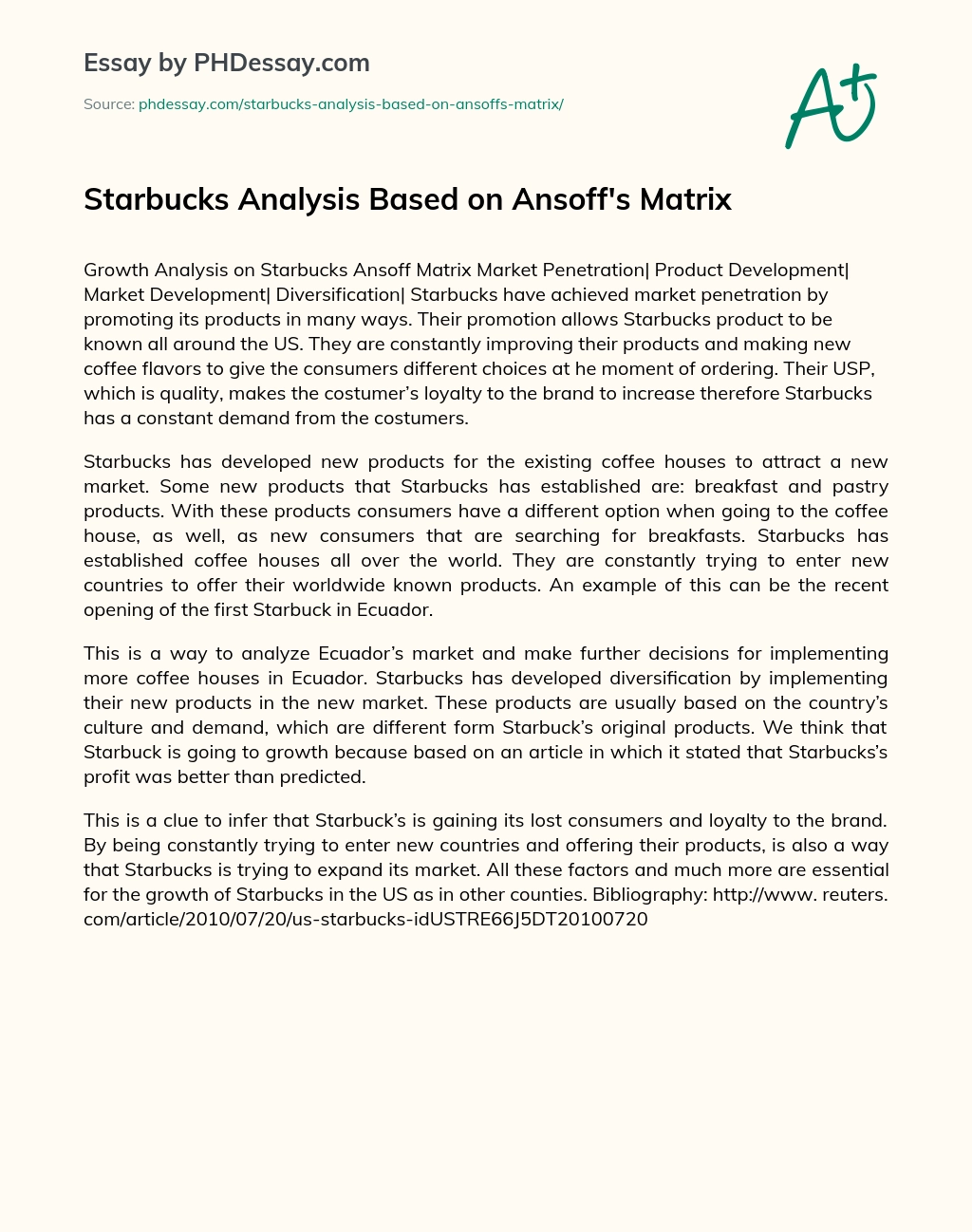 Starbucks Analysis Based on Ansoff’s Matrix essay