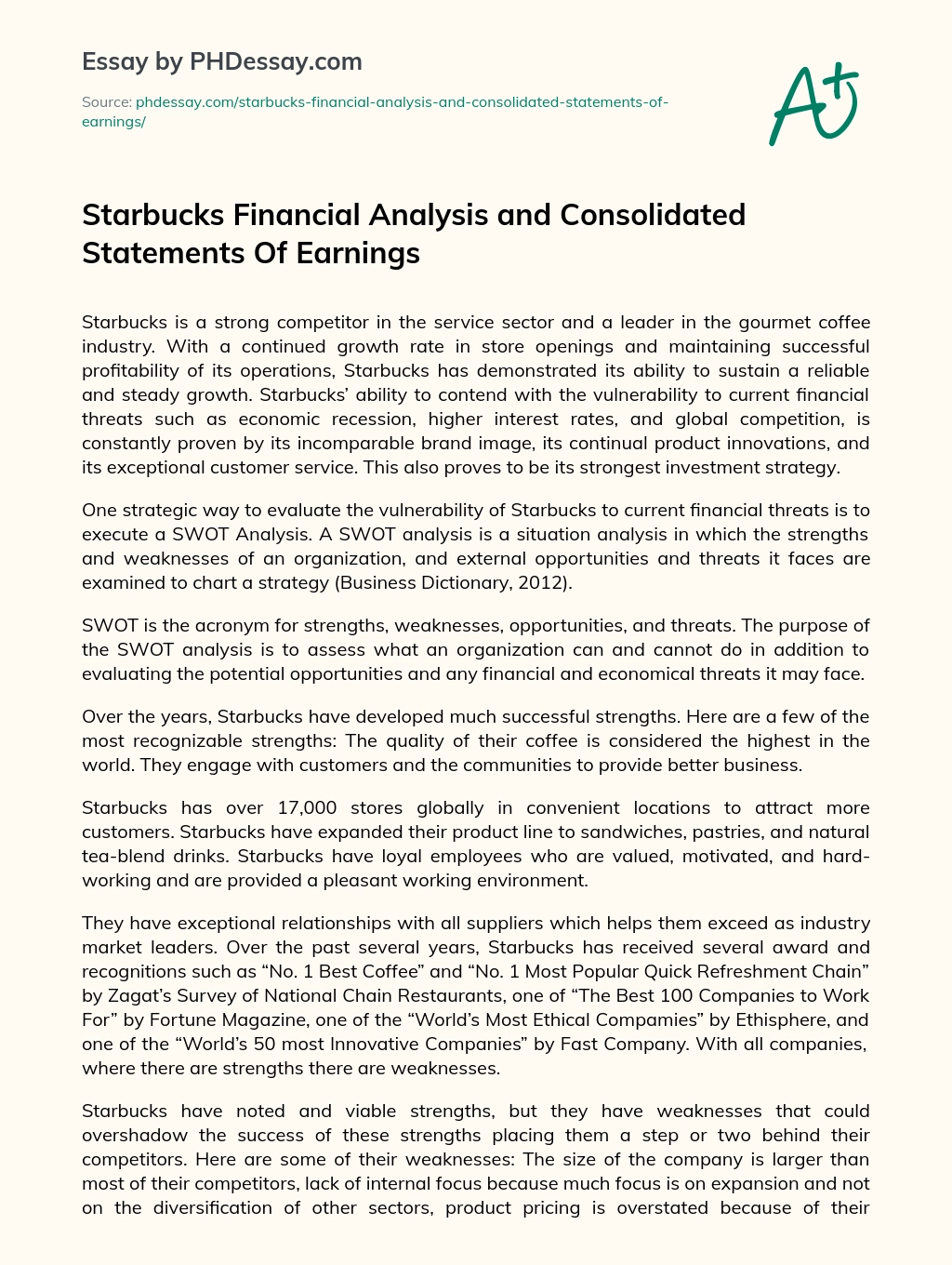 Starbucks Financial Analysis and Consolidated Statements Of Earnings essay