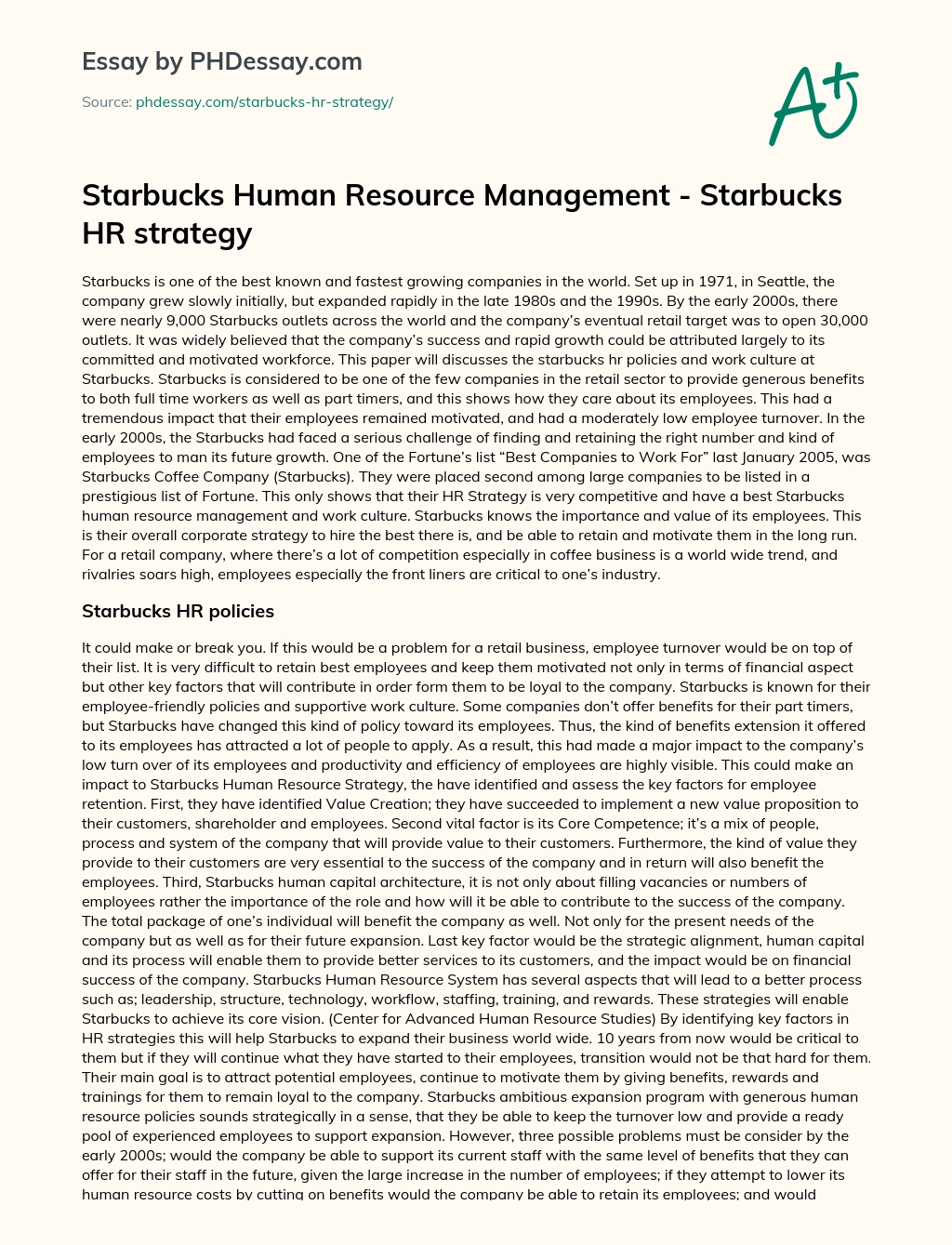 Starbucks Human Resource Management – Starbucks HR strategy essay